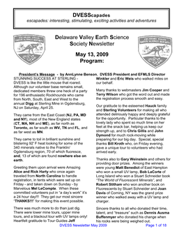 Delaware Valley Earth Science Society Newsletter May 13, 2009 Program