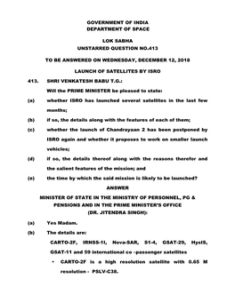 Government of India Department of Space Lok Sabha Unstarred Question No.413 to Be Answered on Wednesday, December 12, 2018 Launc