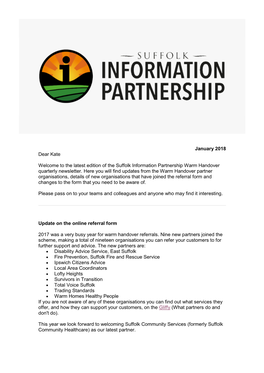 January 2018 Dear Kate Welcome to the Latest Edition of the Suffolk Information Partnership Warm Handover Quarterly Newsletter