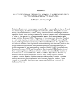 Abstract an Investigation of Orthorexia Nervosa In