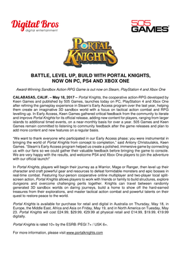 Battle, Level Up, Build with Portal Knights, Now on Pc, Ps4 and Xbox One