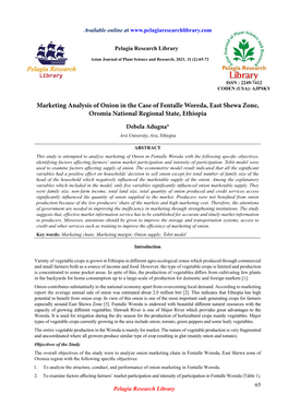 Marketing Analysis of Onion in the Case of Fentalle Woreda, East Shewa Zone, Oromia National Regional State, Ethiopia