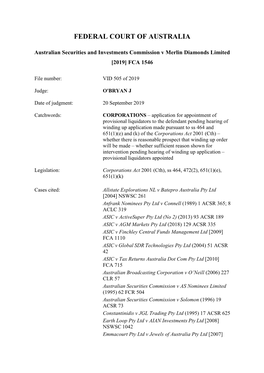 Australian Securities and Investments Commission V Merlin Diamonds Limited [2019] FCA 1546