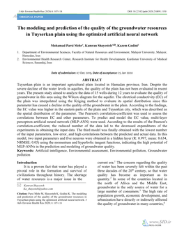 The Modeling and Prediction of the Quality of the Groundwater Resources in Tuyserkan Plain Using the Optimized Artificial Neural Network