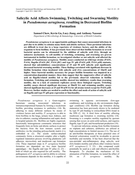 Salicylic Acid Affects Swimming, Twitching and Swarming Motility in Pseudomonas Aeruginosa, Resulting in Decreased Biofilm Formation