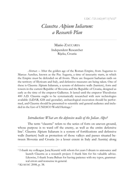 Claustra Alpium Iuliarum: a Research Plan