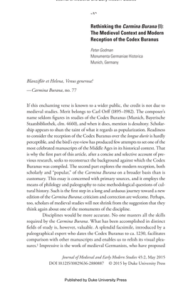 Rethinking the Carmina Burana (I): the Medieval Context and Modern Reception of the Codex Buranus