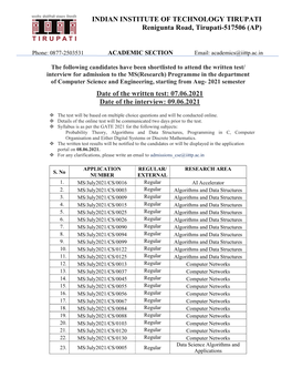 (AP) Date of the Written Test: 07.06.2021 Date of the In