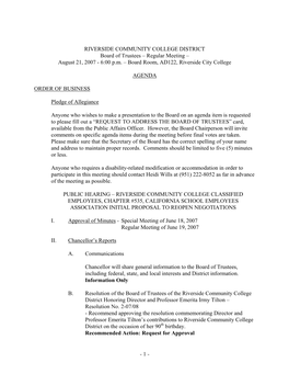 RIVERSIDE COMMUNITY COLLEGE DISTRICT Board of Trustees – Regular Meeting – August 21, 2007 - 6:00 P.M