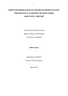 From Neoliberalism to Neo-Developmentalism? the Political Economy of Post-Crisis Argentina, 2002-2007