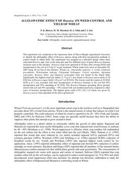 ALLELOPATHIC EFFECT of Brassica on WEED CONTROL and YIELD of WHEAT