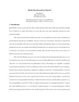 Mackie Was Not an Error Theorist Selim Berker Harvard University Sberker@Fas.Harvard.Edu [Penultimate Draft of a Paper to Be