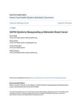 SAPHO Syndrome Masquerading As Metastatic Breast Cancer