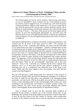 Exhibiting X-Rays and the Cinematograph in Ireland, 1896.1 Denis Condon, Centre for Media Studies, National University of Ireland, Maynooth