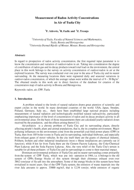 Measurement of Radon Activity Concentrations in Air of Tuzla City