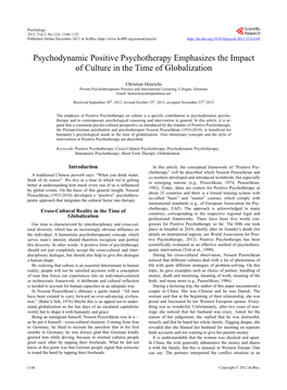 Psychodynamic Positive Psychotherapy Emphasizes the Impact of Culture in the Time of Globalization