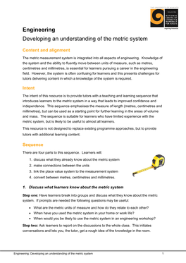 TEACHING and LEARNING SEQUENCE | Engineering, Developing an Understanding of the Metric System