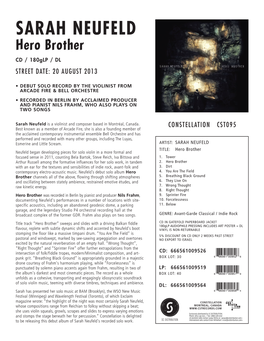 SARAH NEUFELD Hero Brother CD / 180Glp / DL STREET DATE: 20 AUGUST 2013