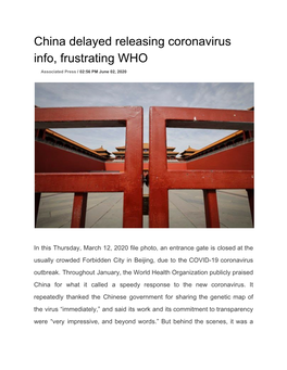 China Delayed Releasing Coronavirus Info, Frustrating WHO
