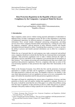 Data Protection Regulation in the Republic of Kosovo and Compliance by the Companies: a Proposed Model for Kosovo