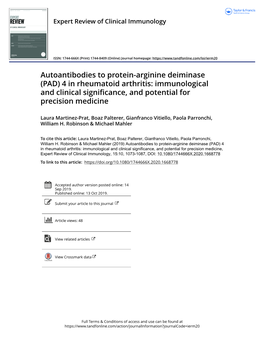 Autoantibodies to Protein-Arginine Deiminase (PAD) 4 in Rheumatoid Arthritis: Immunological and Clinical Significance, and Potential for Precision Medicine