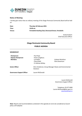 Agenda of Otago Peninsula Community Board