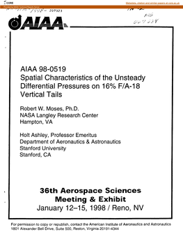 AIAA 98-0519 Spatial Characteristics of the Unsteady Differential Pressures on 16% F/A-18 Vertical Tails 36Th Aerospace Sciences