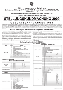 STELLUNGSKUNDMACHUNG 2009 Auf Grund Des § 18 Abs