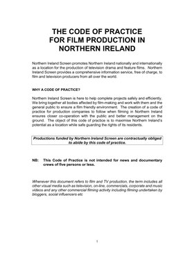 The Code of Practice for Film Production in Northern Ireland