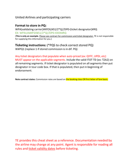 United Airlines and Participating Carriers Format to Store in PQ