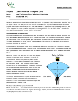 Subject: Clarifications on Facing the Qibla From: Local Fiqh Committee, Winnipeg, Manitoba