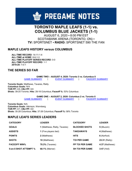 TORONTO MAPLE LEAFS (1-1) Vs. COLUMBUS BLUE JACKETS (1-1) AUGUST 6, 2020 ▪ 8:00 PM EST SCOTIABANK ARENA (TORONTO, ON) ▪ TV: SPORTSNET ▪ RADIO: SPORTSNET 590 the FAN