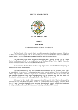 Listing Memorandum Dated March 5, 2007 Belize