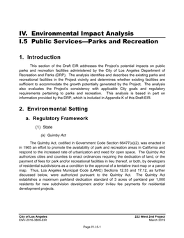 IV. Environmental Impact Analysis I.5 Public Services—Parks and Recreation