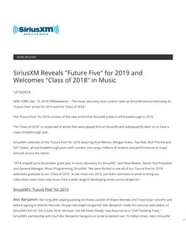 Siriusxm Reveals "Future Five" for 2019 and Welcomes "Class of 2018" in Music