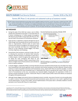 Famine (IPC Phase 5) Risk Persists and Substantial Scale-Up of Assistance Needed