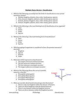 PSI Biology Classification Multiple Choice