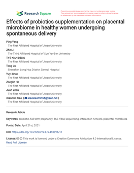 Effects of Probiotics Supplementation on Placental Microbiome in Healthy Women Undergoing Spontaneous Delivery