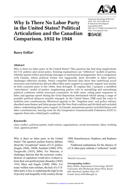 Why Is There No Labor Party in the United States? Political Articulation and the Canadian Comparison, 1932 to 1948