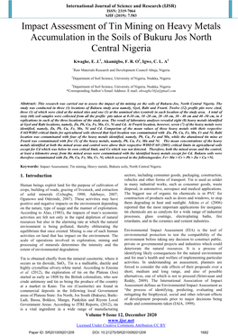 Impact Assessment of Tin Mining on Heavy Metals Accumulation in the Soils of Bukuru Jos North Central Nigeria