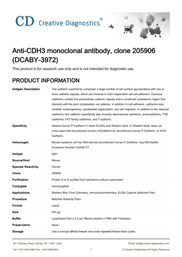 Anti-CDH3 Monoclonal Antibody, Clone 205906 (DCABY-3972) This Product Is for Research Use Only and Is Not Intended for Diagnostic Use