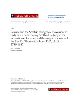 Science and the Scottish Evangelical Movement in Early Nineteenth Century Scotland: a Study in the Interactions of Science and Theology in the Work of the Rev