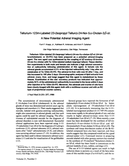 Tellurium-123M-Labeled23-(Lsopropyltelluro)-24-Nor-5A-Cholan-3F3-Ol: a Newpotentialadrenalimagingagent