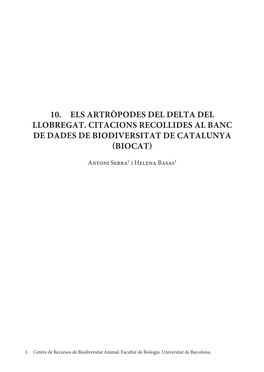 10. Els Artròpodes Del Delta Del Llobregat. Citacions Recollides Al Banc De Dades De Biodiversitat De Catalunya (Biocat)