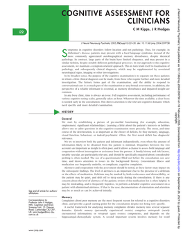 COGNITIVE ASSESSMENT for CLINICIANS C M Kipps, J R Hodges I22