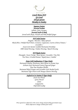 Lunch Menu 2019 Go Local $50 Per Person Monday to Sunday