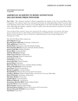 American Academy in Rome Announces 2012-2013 Rome Prize Winners