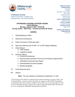 Affordable Housing Advisory Board Agenda Packet for 8/9/21