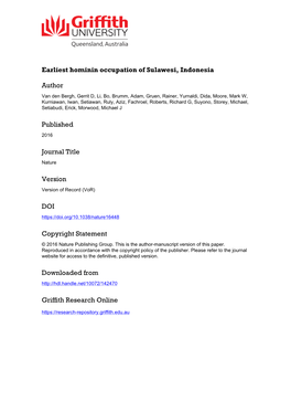 Title: Earliest Hominin Occupation of Sulawesi, Indonesia. Authors: Gerrit