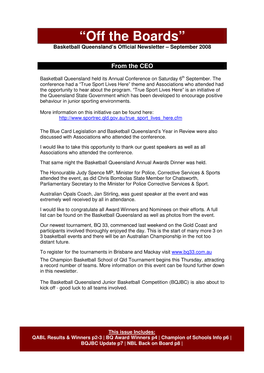 “Off the Boards” Basketball Queensland’S Official Newsletter – September 2008